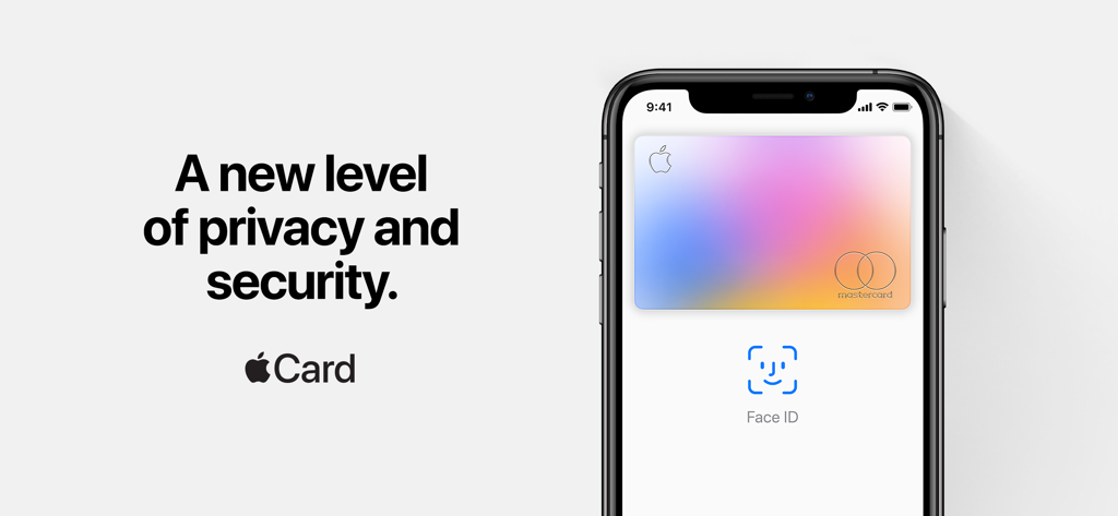 Tela do iPhone mostrando um Apple Card no app Carteira com uma solicitação de autenticação Face ID destacando recursos de privacidade e segurança.