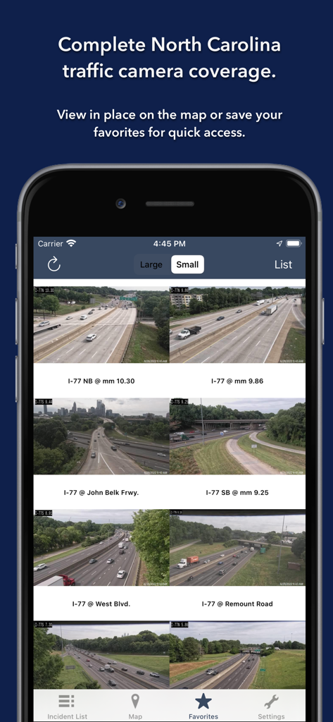 A mobile app screen displaying a grid of live traffic camera feeds for North Carolina highways