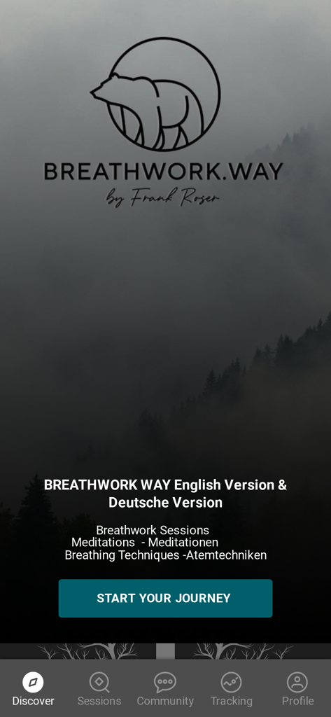 안개 낀 숲 배경에 로고와 시작하기 버튼이 있는 Breathwork Way 앱 환영 화면