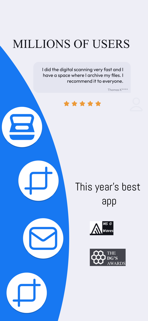 Scan Cam: Docs PDF Scanner App - Reseñas de usuarios positivas y destacados de premios para la aplicación de escáner PDF Scan Cam.