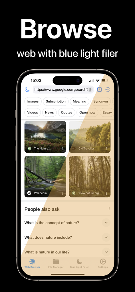 Blue Light Filter - iPhone screen demonstrating the blue light filter applied to a web browser for eye protection during late night reading