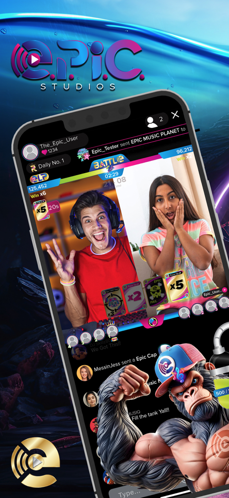 E.P.I.C. Studios - Una pantalla de smartphone mostrando una batalla en vivo cara a cara entre creadores con regalos digitales animados en la interfaz de la aplicación E.P.I.C. Studios.