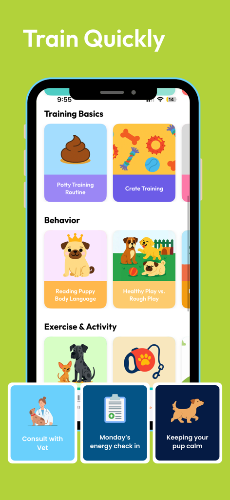 Dawgz AI - Health & Training - Mobile app interface showing dog training categories including behavior potty training and exercise activity