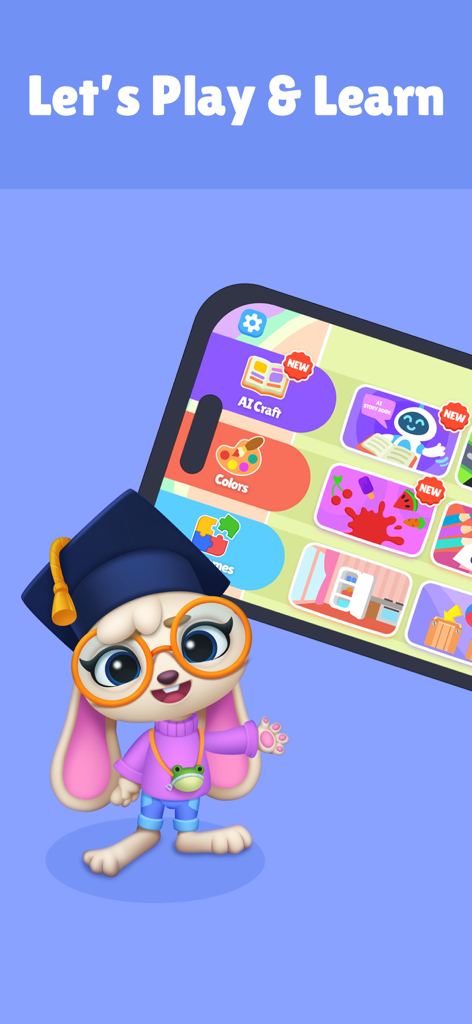 ABC Mouse: Math Games for Kids - Un lindo conejito de dibujos animados con gorro de graduación y gafas junto a un teléfono móvil que muestra diversas actividades de aprendizaje preescolar.