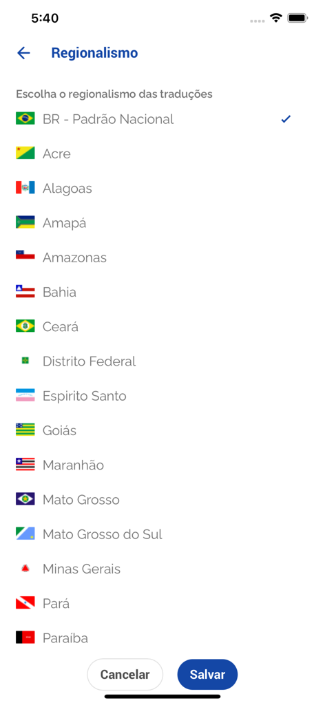 Selection screen for regional LIBRAS variations in the VLibras app showing a list of Brazilian states and flags