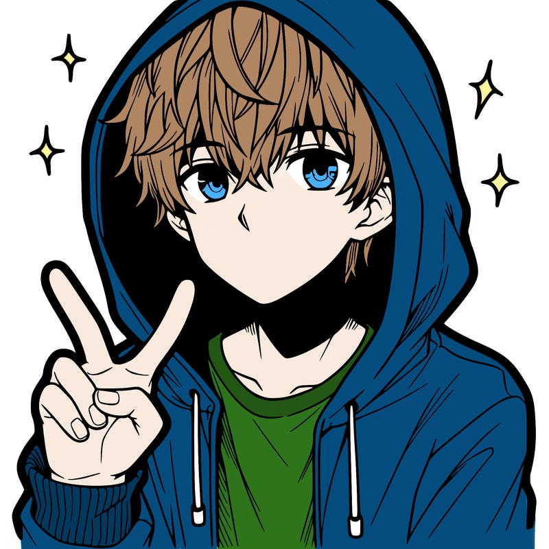 teenage manga boy in a hoodie, doing ✌