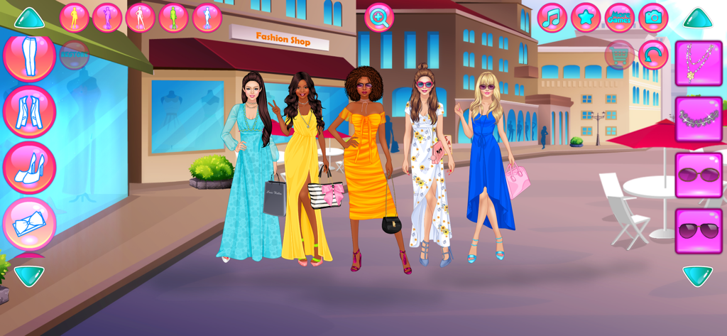 Girl Squad - BFF Fashion Games - Five fashionable doll models dressed in different styles in a city shopping street