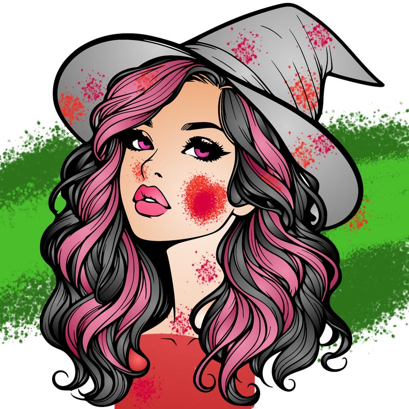 realistic witch girl with wavy hair and lips