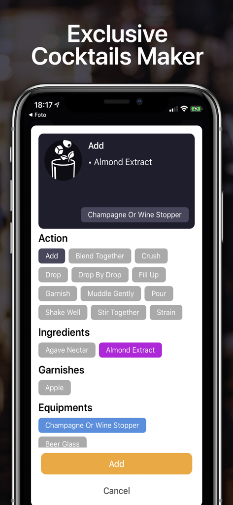 Cocktails For Real Bartender - La interfaz del creador de cócteles personalizados de la aplicación Cocktails For Real Bartender que muestra opciones de ingredientes y técnicas.