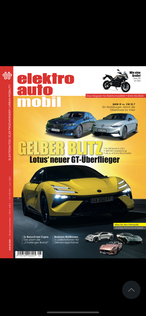 Digital cover of Elektroautomobil magazine showcasing a yellow Lotus electric sports car.