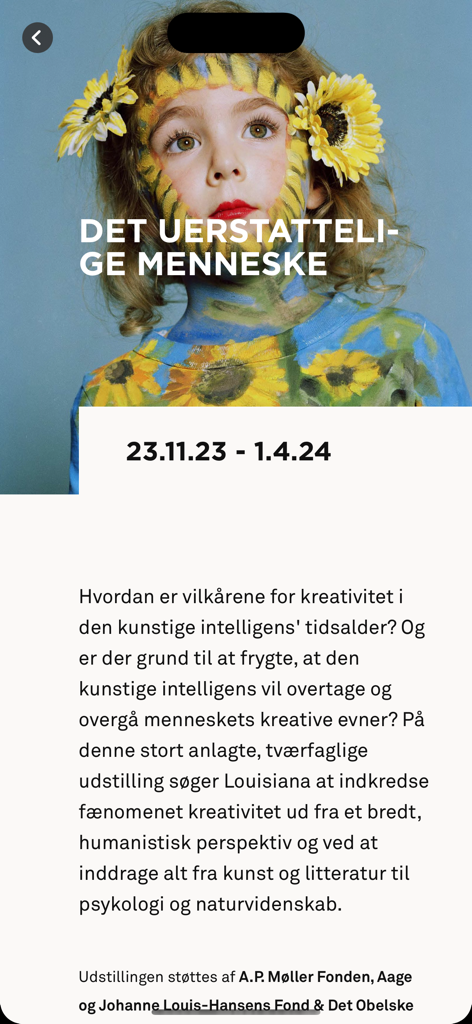 Louisiana Museum Of Modern Art - Louisiana Museum app screen showing exhibition details for Det Uerstattelige Menneske with a colorful portrait of a child.