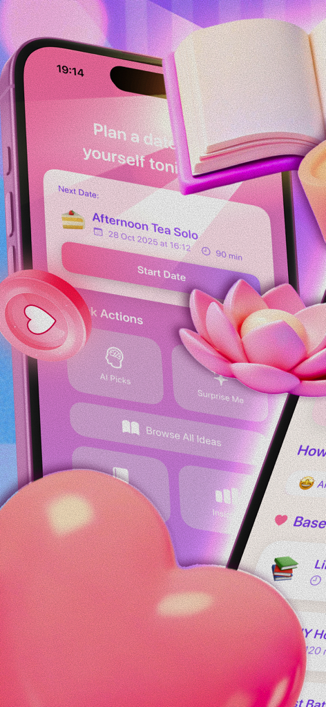 Sunny Blossom Solo - Interface do aplicativo Solo Date Bliss mostrando um planejador de encontro solo para chá da tarde com gráficos florais e de coração 3D em rosa.