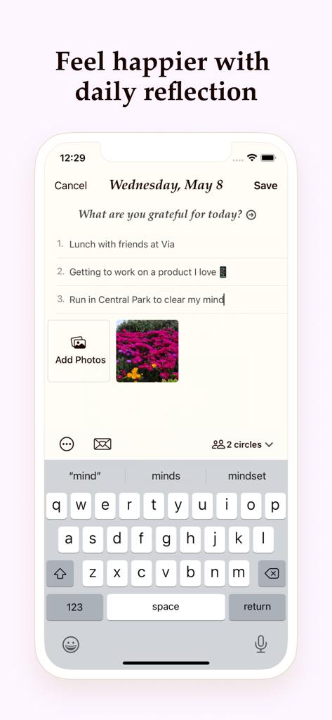 Interface of a gratitude journal app showing a user's daily reflection list with an added photo