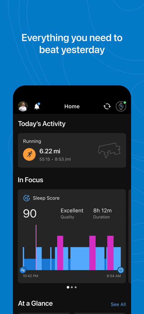 Tableau de bord Garmin Connect affichant l'activité de course quotidienne et une analyse détaillée du sommeil