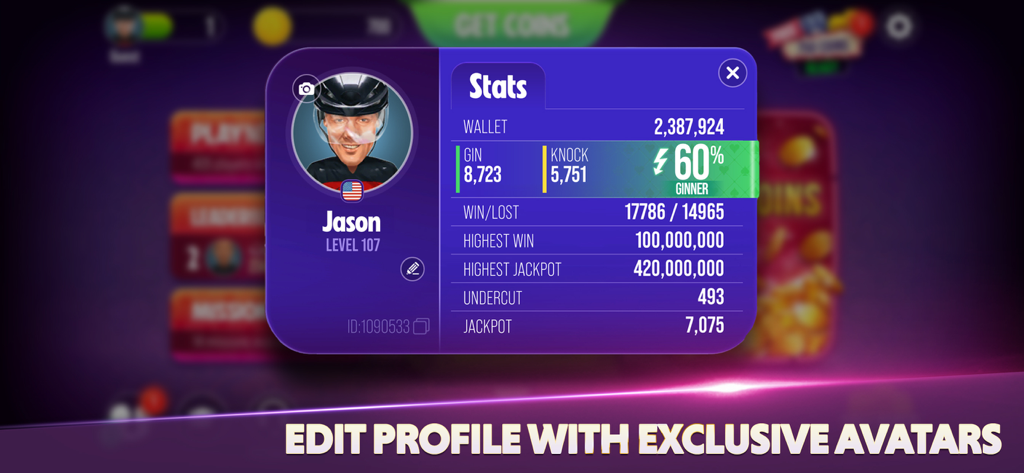 Gin Rummy Extra - Card Game - A player profile screen in Gin Rummy Extra displaying level 107 statistics and a custom avatar