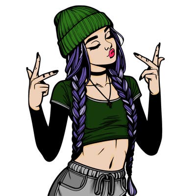 realistic teenage girl with braids and a beanie and crop top doing 🫶🏼