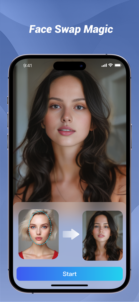 PhotoLeaper:AI Dress up,Video - Smartphone screen showing the AI Face Swap Magic feature in the PhotoLeaper app with a before and after transformation.