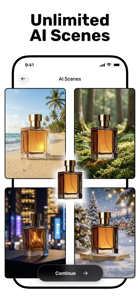 AI Product Video & Ad - Pixury - Eine Parfümflasche, die in vier verschiedenen KI-generierten Hintergründen gezeigt wird, darunter ein Strand und ein Wald, auf der Pixury App-Oberfläche.