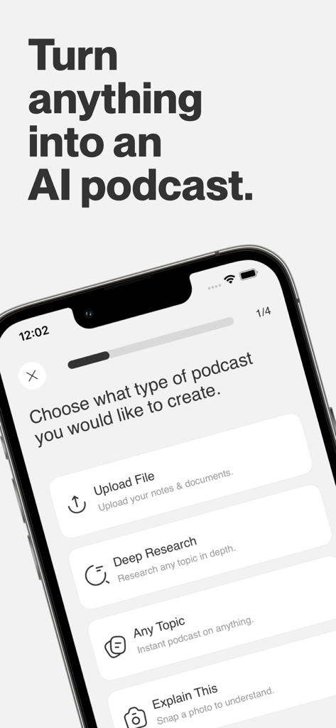 Castify — Generate AI Podcasts - The Castify app interface showing options to generate AI podcasts by uploading files, conducting deep research, or entering any topic.