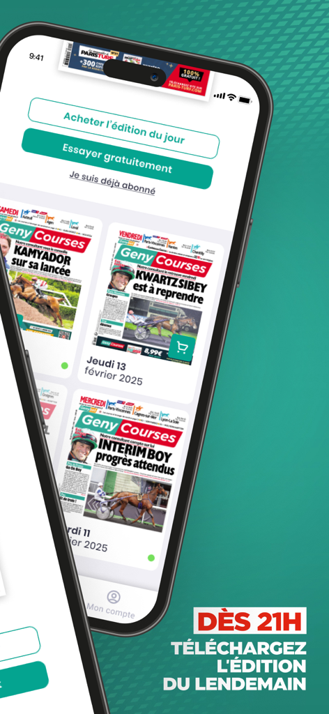 Mobile interface of the Geny Courses app displaying digital horse racing journals and early access download options