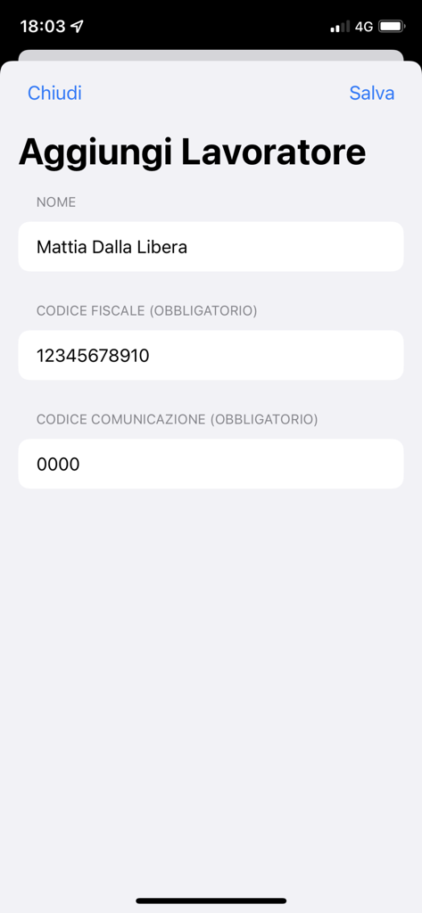 Schermata per aggiungere il nome e il codice fiscale di un lavoratore nell'app Lavoro Intermittente Chiamata per la conformità al lavoro italiana.