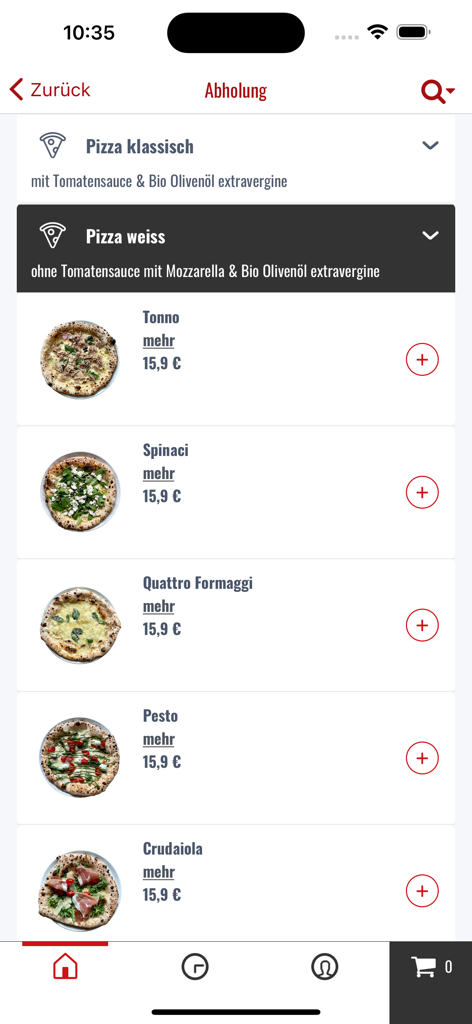 Mobile app menu for l'autentico restaurant showing a list of authentic white pizzas for pickup.