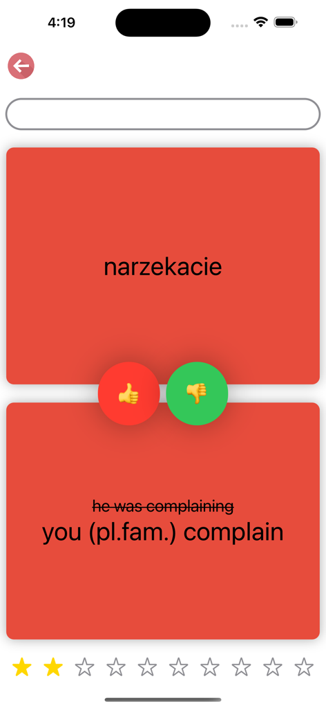 Polish Verb Blitzアプリのスナップクイズ画面。ポーランド語と英語の翻訳を含む動詞活用演習が表示されています。