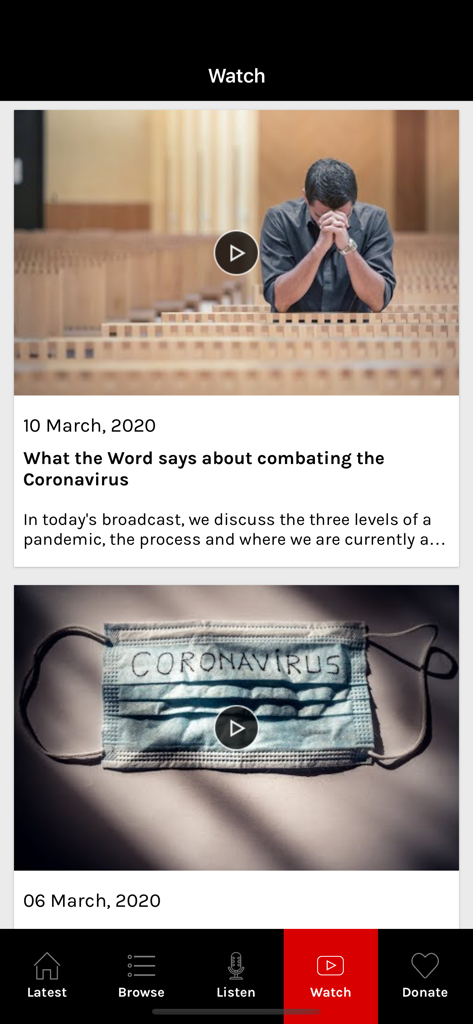 End Time Headlines - End Time Headlines app Watch tab featuring video broadcasts about global events from a biblical perspective