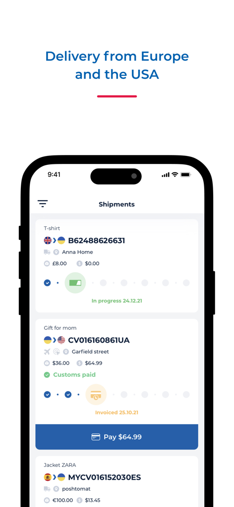 Meest Shopping app interface showing international shipment tracking and delivery status