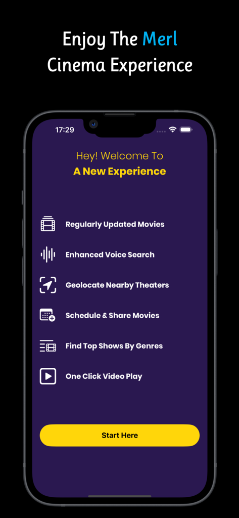 Cinegate - Movies Voice Finder - Cinegate app welcome screen listing features like enhanced voice search, theater geolocation, and movie scheduling.