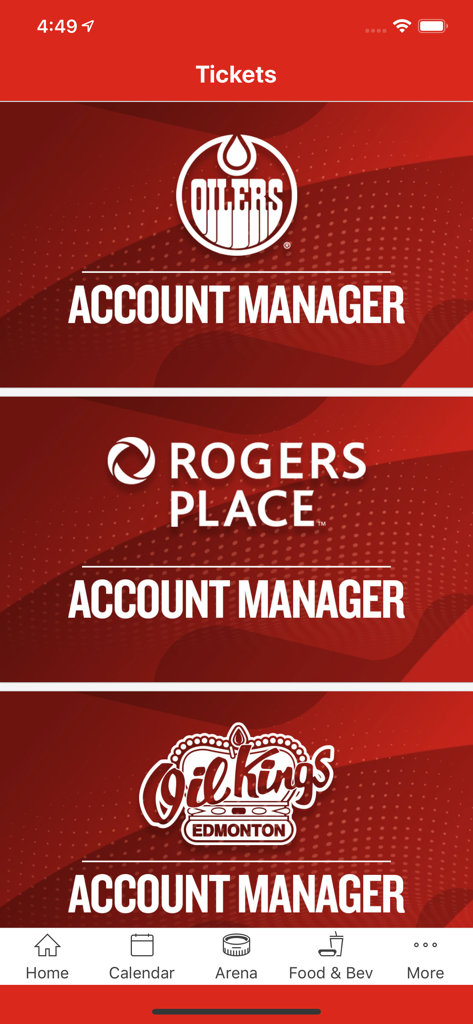 Rogers Place app ticket management screen with options for Oilers and Oil Kings account managers