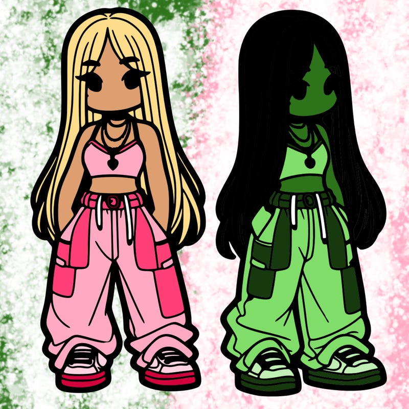 girl in baggy pants crop top and long hair