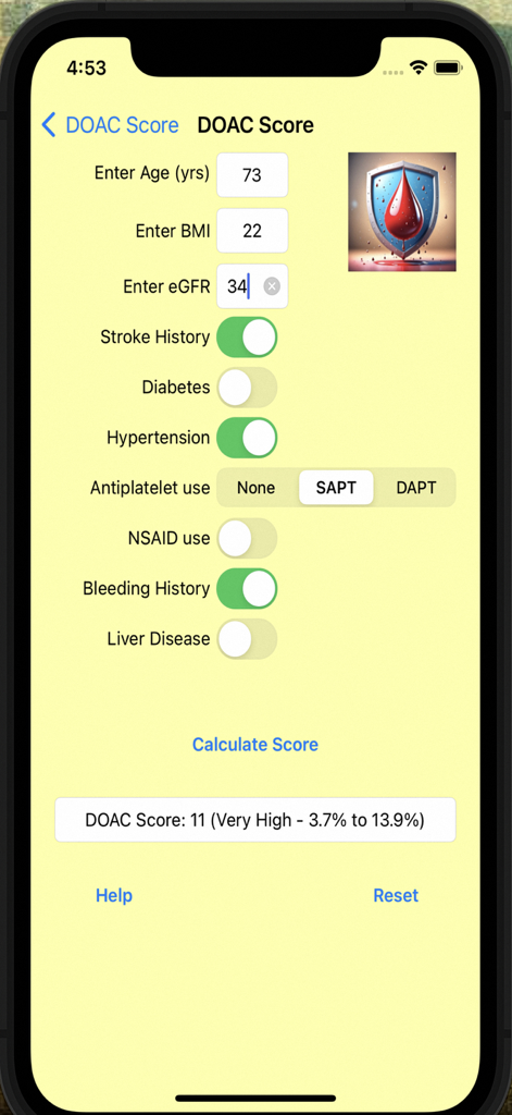 DOACScore app screen showing bleeding risk calculation parameters and a very high risk result for a cardiac patient