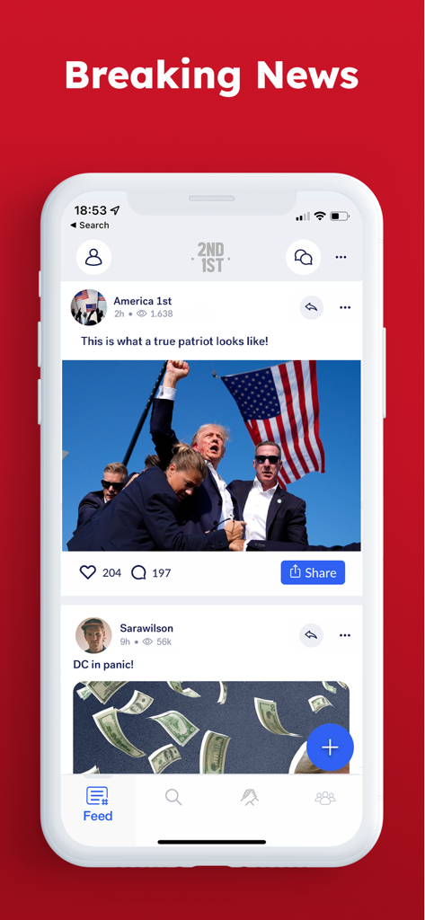 2nd1st - Truth, News & Social - Captura de pantalla de la aplicación de redes sociales 2nd1st que muestra un feed de noticias con publicaciones políticas y noticias de última hora