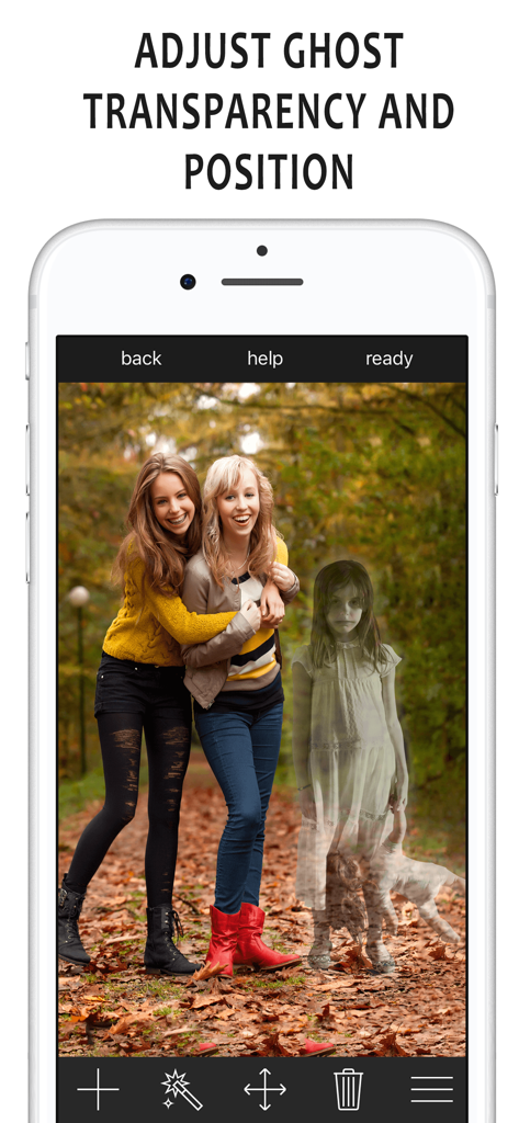 Ghost in Photo - Photo Editor - Interface of the Ghost in Photo app showing a transparent ghost girl added to a picture of friends in a park