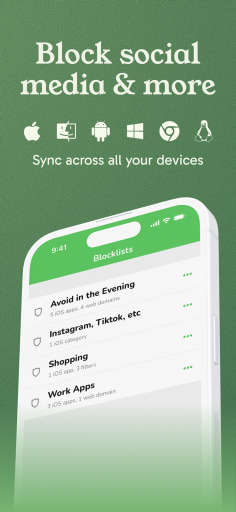 Freedom app interface showing custom blocklists and multi-device sync icons