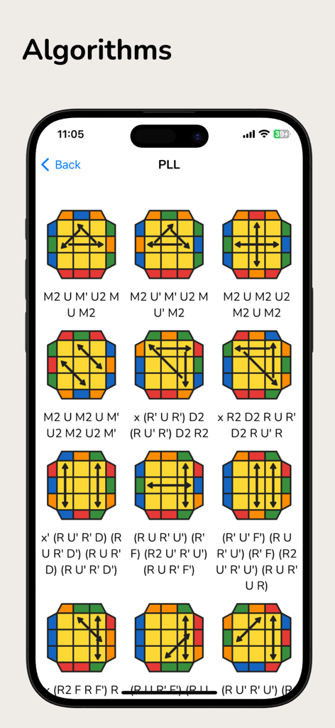 Last Cube X - Cube Timer - Pantalla de la aplicación Last Cube X que muestra una lista de algoritmos de speedcubing PLL con diagramas y cadenas de notación de cubo.