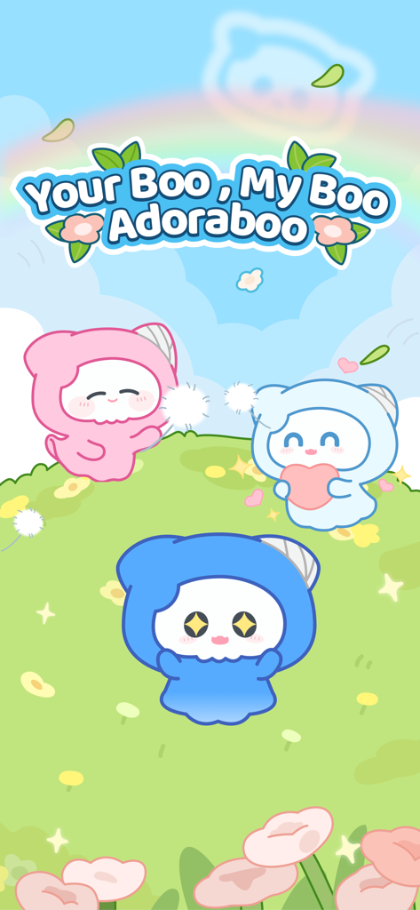 Adoraboo - Raise Boos Together - Three cute colorful Boos playing on a grassy hill under a rainbow in the Adoraboo app