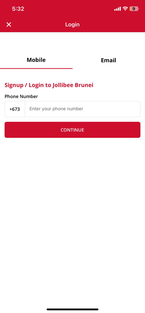 Jollibee Brunei - Login and signup screen for the Jollibee Brunei app via phone number.