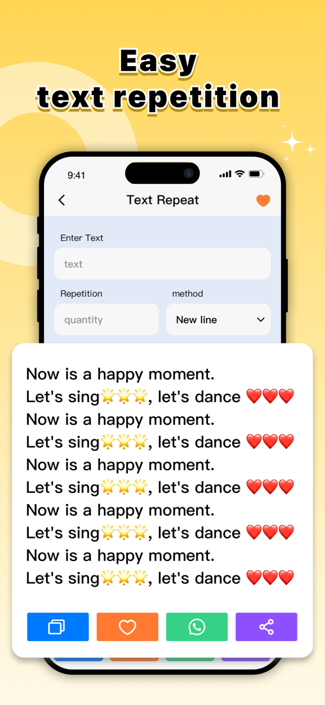 Stylish Font for Keyboard - Screenshot of the Stylish Font app interface showing the Text Repeat feature with repeated lines of text and emojis.