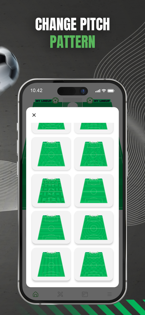 My Lineup - Lineup Builder - Mobile app interface showing a variety of soccer pitch grass patterns to choose from