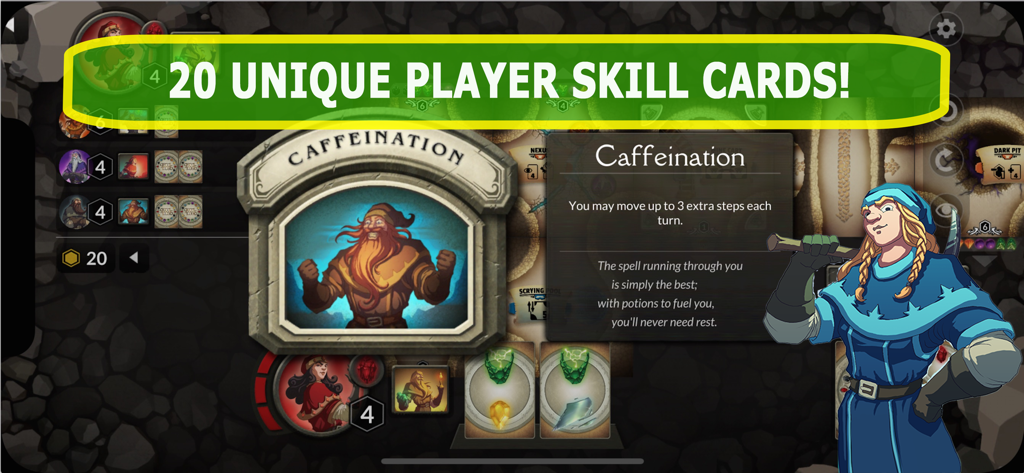 A screen from the Gem Rush strategy board game showing the caffeination player skill card and game interface