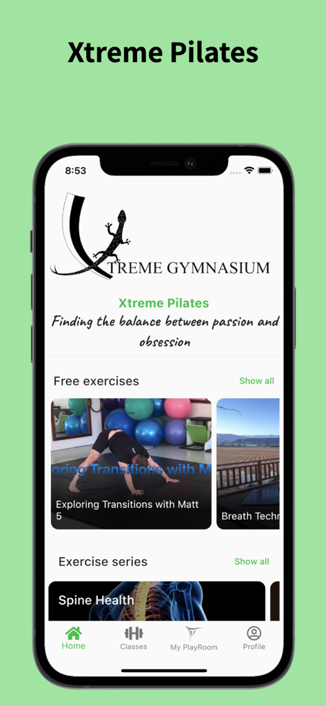 Xtreme Pilates - Pantalla de inicio de la aplicación Xtreme Pilates mostrando videos de ejercicios gratuitos y series de salud de la columna.