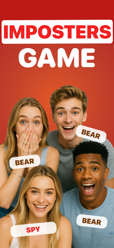 Imposters Game — Bluffit - Un grupo de jóvenes adultos emocionados jugando al juego de deducción social Imposters