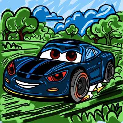 big print fast car with the eyes on and speeding on road in the field with trees