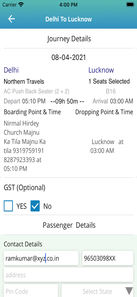 IRCTC Tourism app screen displaying bus journey details from Delhi to Lucknow including departure and boarding point