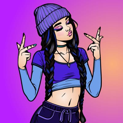 realistic teenage girl with braids and a beanie and crop top doing 🫶🏼