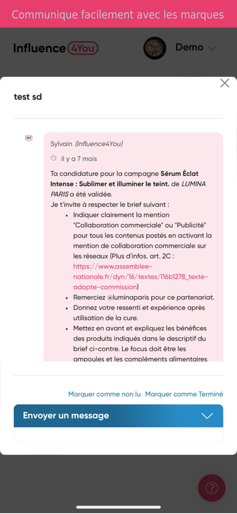 Influence4You app interface showing a campaign validation message and collaboration instructions for an influencer