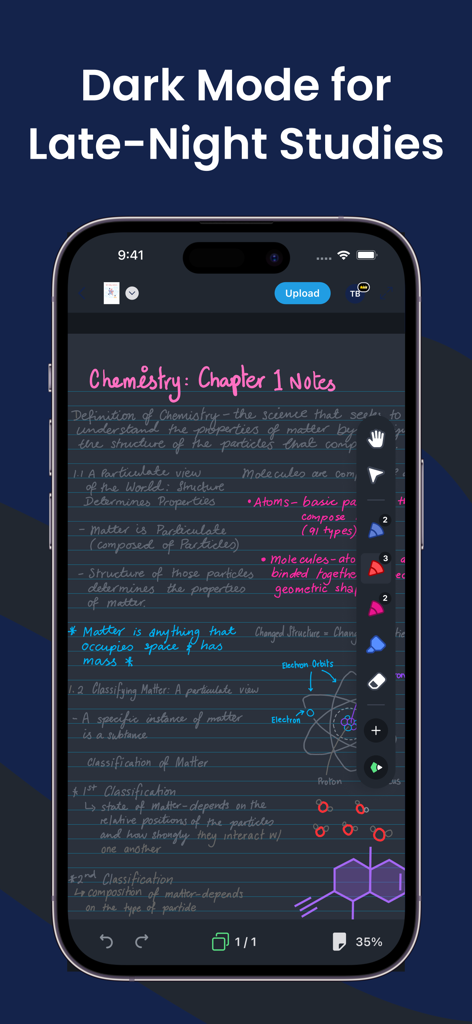 Handwritten chemistry notes on Drawboard PDF app in dark mode interface