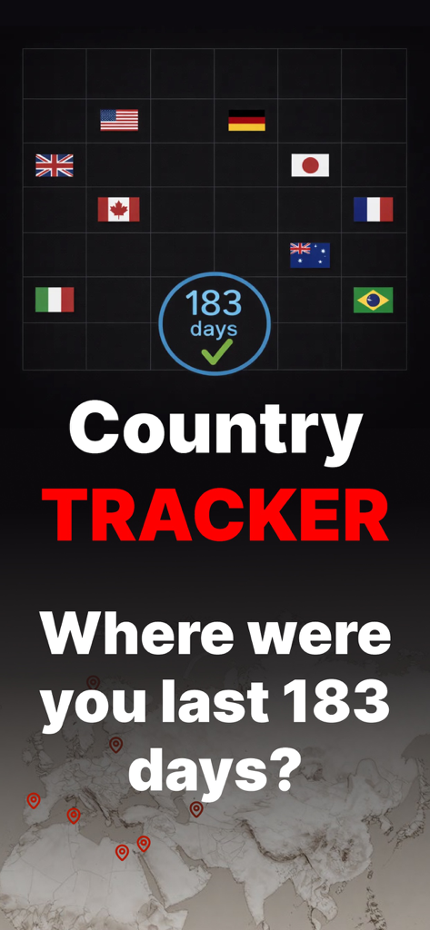 Country Tracker Tax Residency - Country Tracker app interface displaying a 183 day counter and international flags for tax residency monitoring